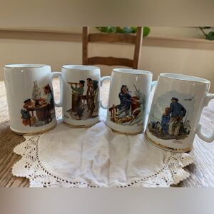VTG Norman Rockwell Scene Porcelain Mugs - White with Gold Trim
